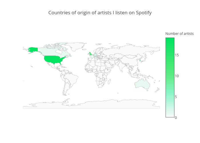 Countries of origin of artists I listen on Spotify | choropleth made by Jitsejan | plotly
