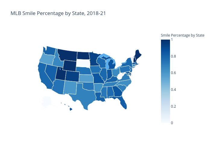 MLB Smile Percentage by State, 2018-21 | choropleth made by Jskolnicki | plotly