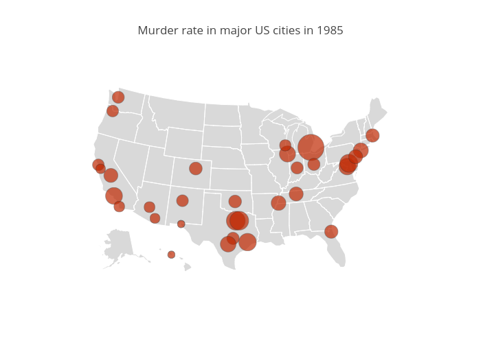 Murder rate in major US cities in 1985 | scattergeo made by Juliettapc | plotly