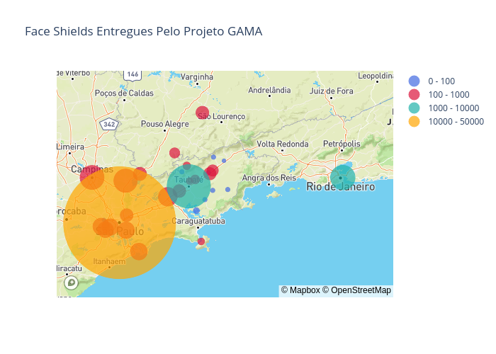 Face Shields Entregues Pelo Projeto GAMA | scattermapbox made by Jzsig | plotly