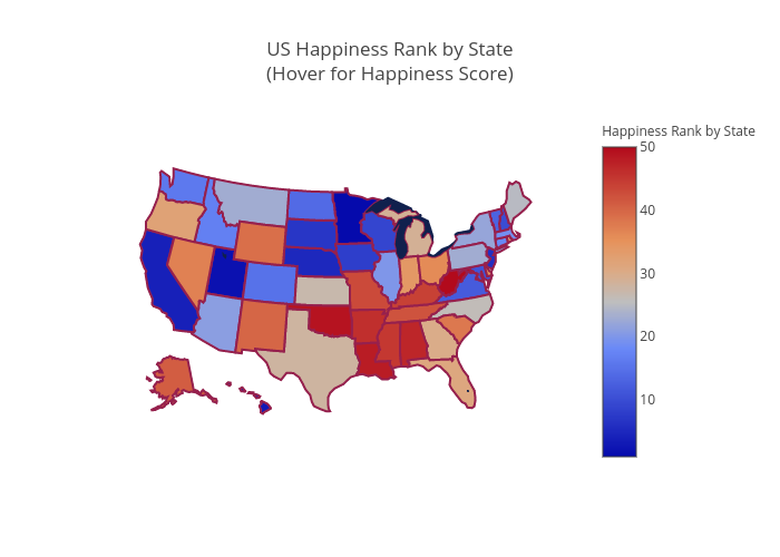 US Happiness Rank by State(Hover for Happiness Score) | choropleth made by Kbosshart | plotly