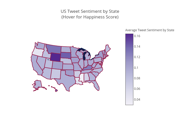 US Tweet Sentiment by State(Hover for Happiness Score) | choropleth made by Kbosshart | plotly