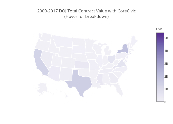 2000-2017 DOJ Total Contract Value with CoreCivic(Hover for breakdown) | choropleth made by Leonyin | plotly