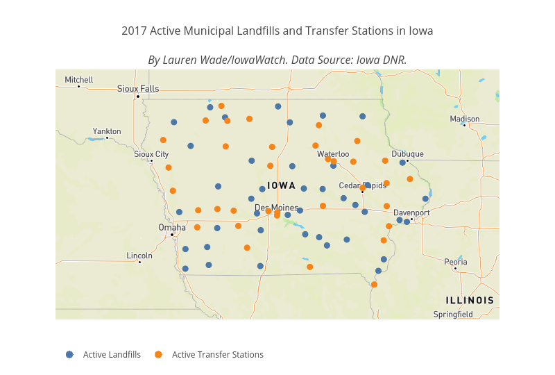 2017 Active Municipal Landfills and Transfer Stations in Iowa

By Lauren Wade/IowaWatch. Data Source: Iowa DNR.&nbsp; | scattermapbox made by Lrmwade | plotly