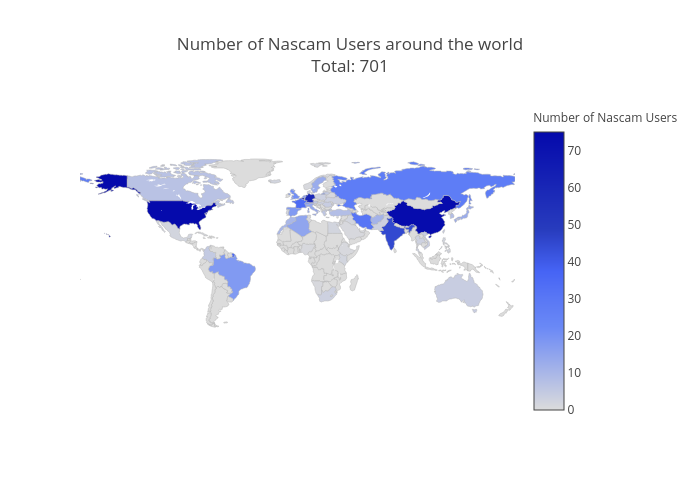 Number of Nascam Users around the worldTotal: 628             | choropleth made by Maevrard | plotly