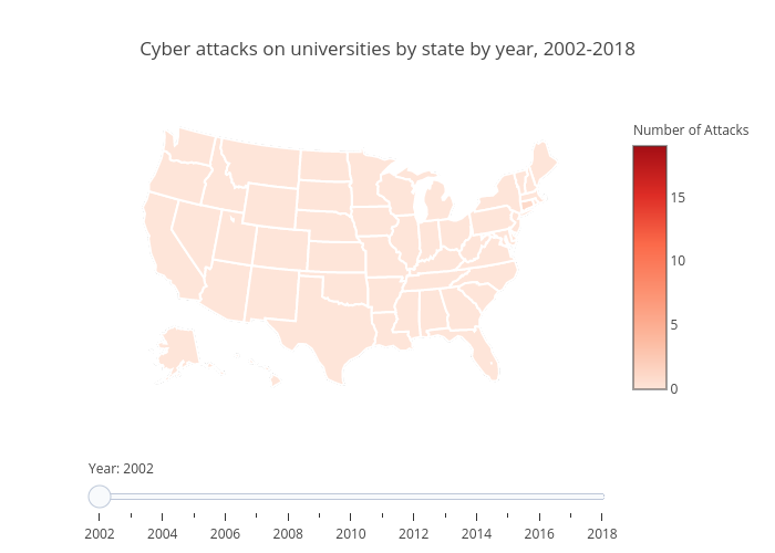Cyber attacks on universities by state by year, 2002-2018 | choropleth made by Mattabercrombie | plotly