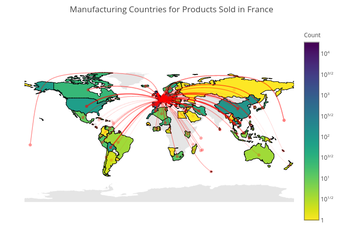 Manufacturing Countries for Products Sold in France | choropleth made by Maxencedraguet | plotly