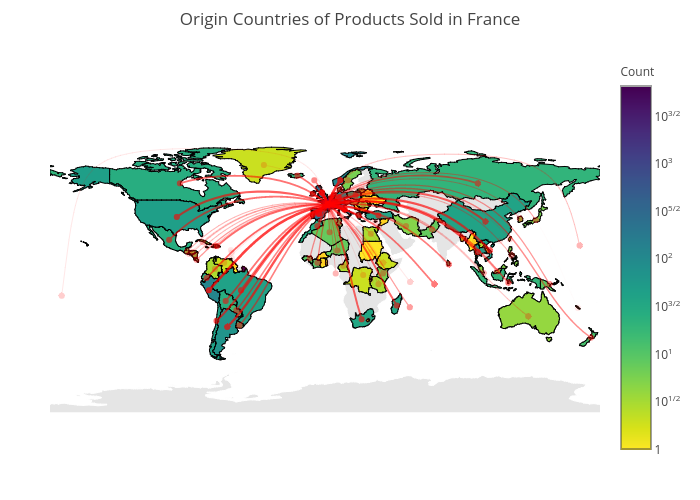 Origin Countries of Products Sold in France | choropleth made by Maxencedraguet | plotly
