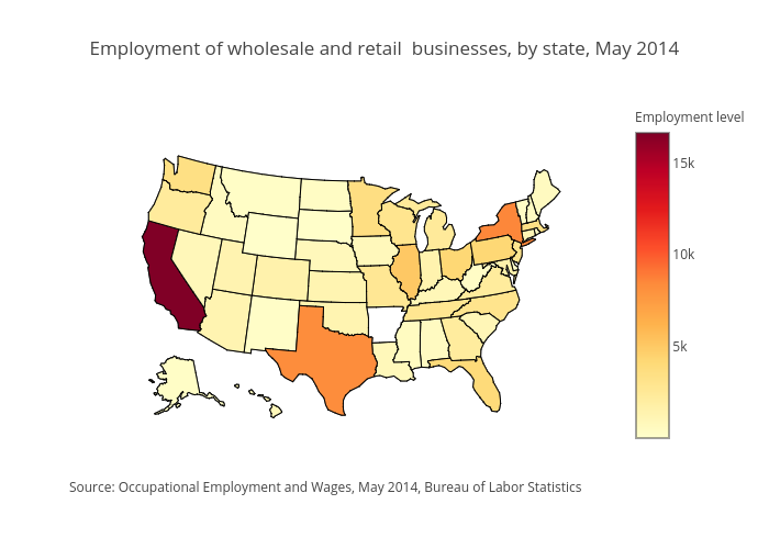 Employment of wholesale and retail  businesses, by state, May 2014 | choropleth made by Melodyjiang | plotly