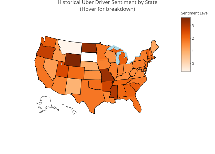 Historical Uber Driver Sentiment by State(Hover for breakdown) | choropleth made by Mikeberg | plotly