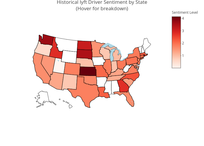 Historical lyft Driver Sentiment by State(Hover for breakdown) | choropleth made by Mikeberg | plotly