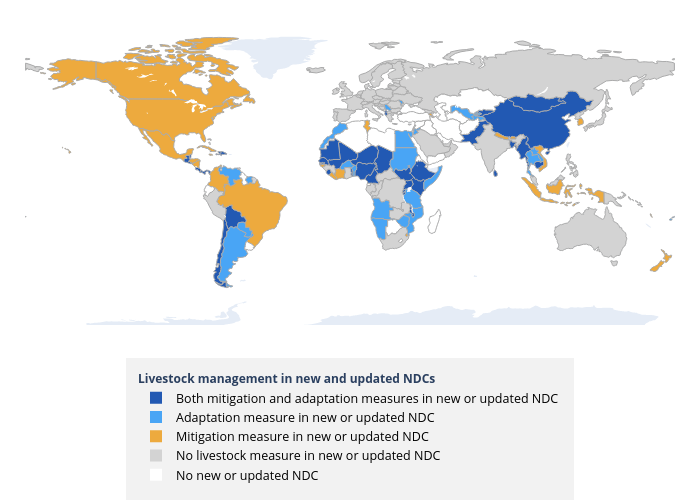 Both mitigation and adaptation measures in new or updated NDC, Adaptation measure in new or updated NDC, Mitigation measure in new or updated NDC, No livestock measure in new or updated NDC, No new or updated NDC | choropleth made by Milenarstier | plotly