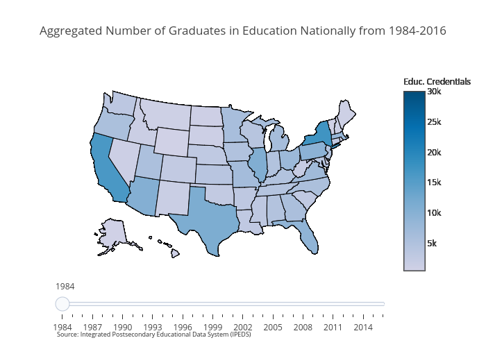 Aggregated Number of Graduates in Education Nationally from 1984-2016 | choropleth made by Otteheng | plotly