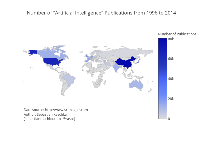 Number of "Artificial Intelligence" Publications from 1996 to 2014 | choropleth made by Rasbt | plotly
