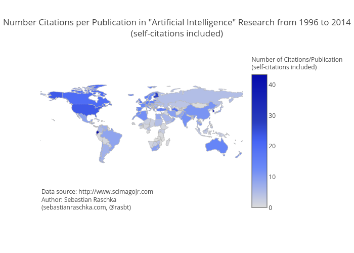 Number Citations per Publication in "Artificial Intelligence" Research from 1996 to 2014(self-citations included) | choropleth made by Rasbt | plotly
