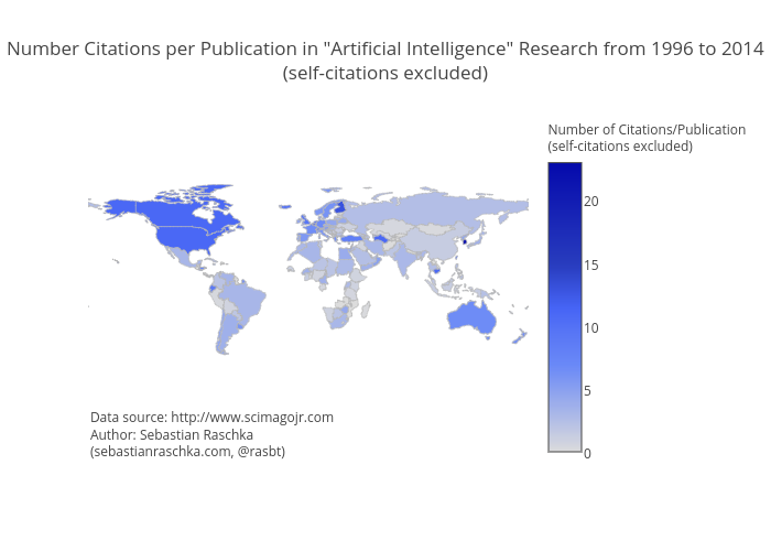 Number Citations per Publication in "Artificial Intelligence" Research from 1996 to 2014(self-citations excluded) | choropleth made by Rasbt | plotly