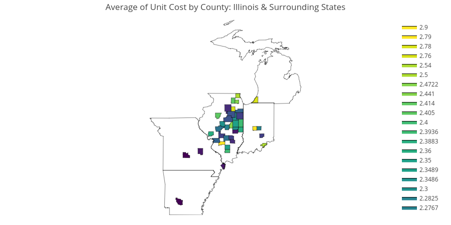 Average of Unit Cost by County: Illinois & Surrounding States | filled line chart made by Rmulani2 | plotly