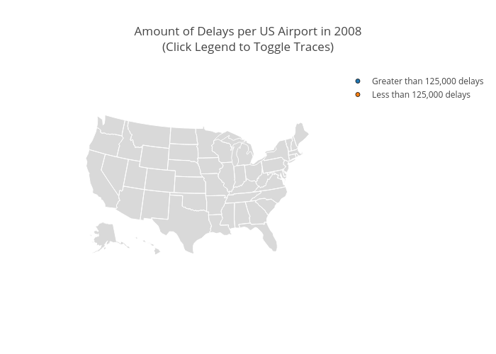 Amount of Delays per US Airport in 2008(Click Legend to Toggle Traces) | scattergeo made by Skenny | plotly