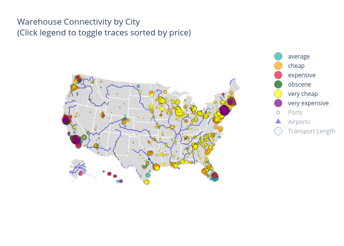 Warehouse Connectivity by City         (Click legend to toggle traces sorted by price) | scattergeo made by Snuzbrokh | plotly