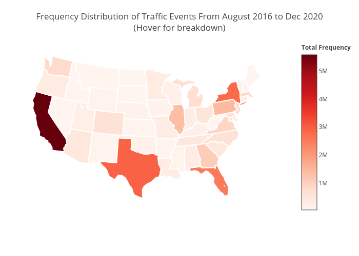 Frequency Distribution of Traffic Events From August 2016 to Dec 2020(Hover for breakdown) | choropleth made by Sobhan.mehr84 | plotly