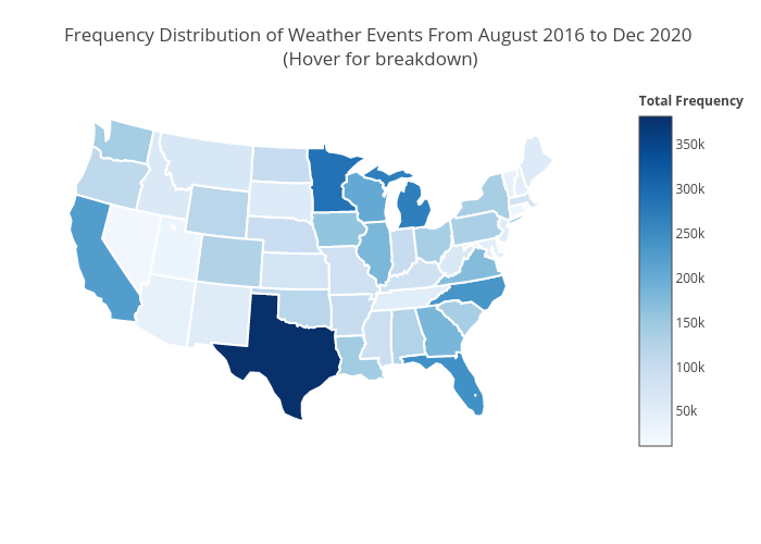 Frequency Distribution of Weather Events From August 2016 to Dec 2020 (Hover for breakdown) | choropleth made by Sobhan.mehr84 | plotly