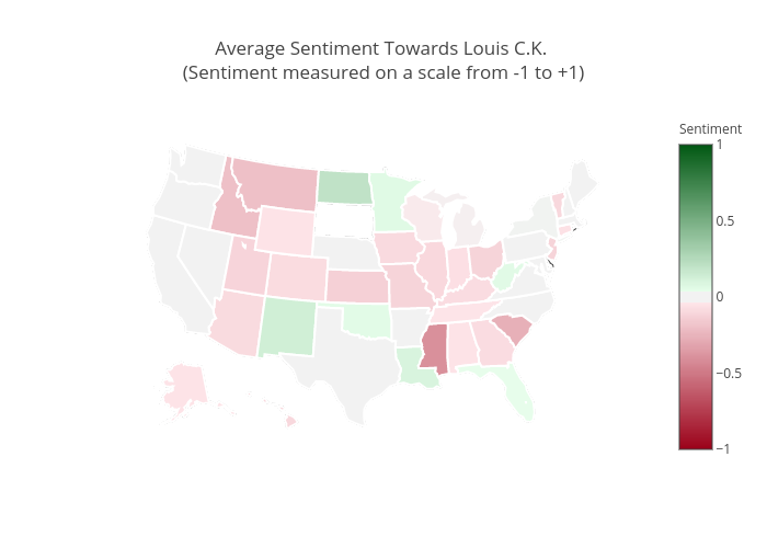 Average Sentiment Towards Louis C.K. (Sentiment measured on a scale from -1 to +1) | choropleth made by Spacecadet84 | plotly