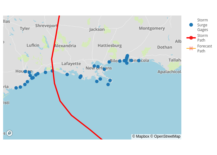 StormSurgeGages, StormPath, ForecastPath | scattermapbox made by Srcc2020 | plotly