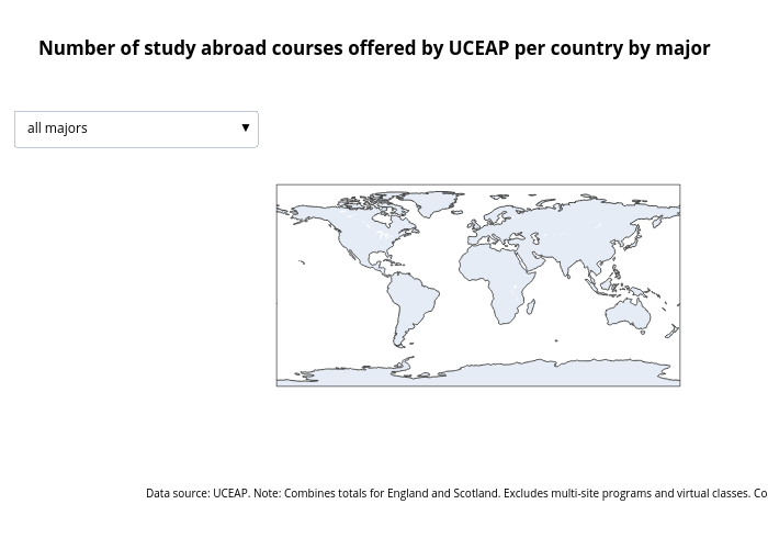 Number of study abroad courses offered by UCEAP per country by major | choropleth made by Tracysun | plotly