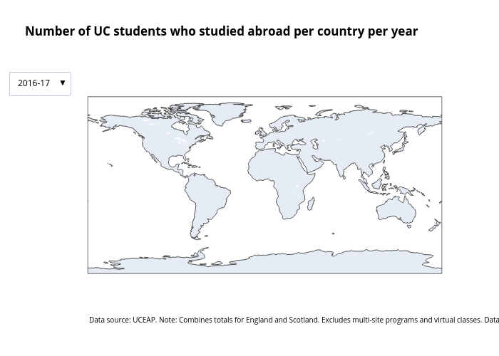 Number of UC students who studied abroad per country per year | choropleth made by Tracysun | plotly