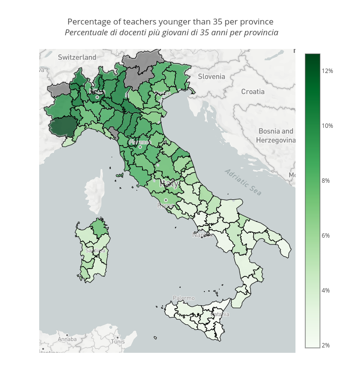Percentage of teachers younger than 35 per province  Percentuale di docenti più giovani di 35 anni per provincia  | scattermapbox made by Vincenzo.pota | plotly