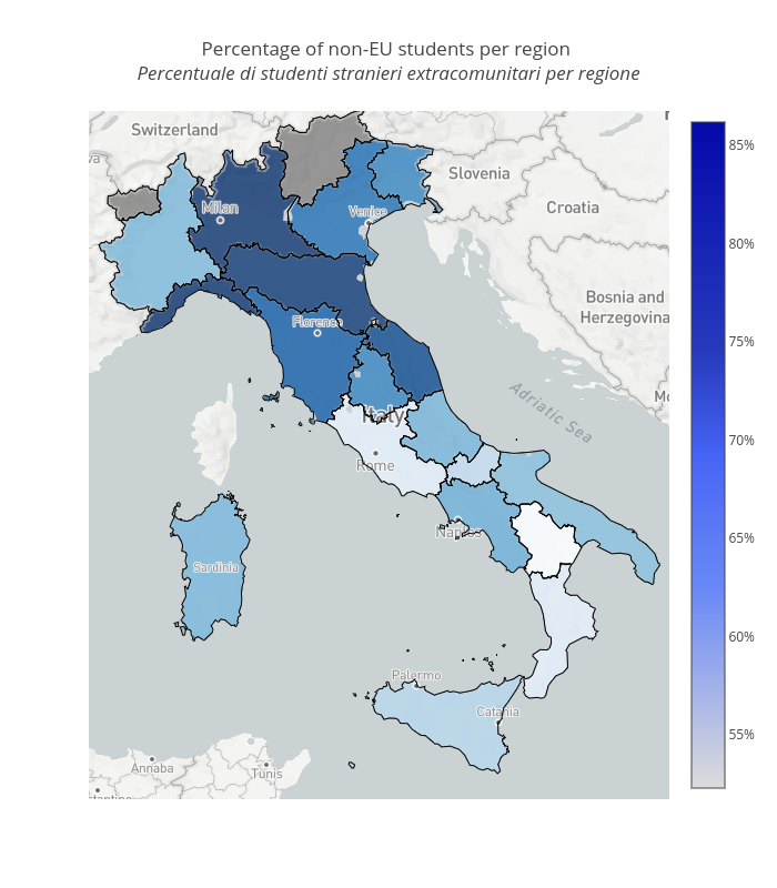 Percentage of non-EU students per region  Percentuale di studenti stranieri extracomunitari per regione  | scattermapbox made by Vincenzo.pota | plotly