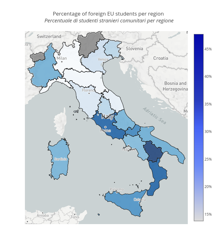 Percentage of foreign EU students per region  Percentuale di studenti stranieri comunitari per regione  | scattermapbox made by Vincenzo.pota | plotly