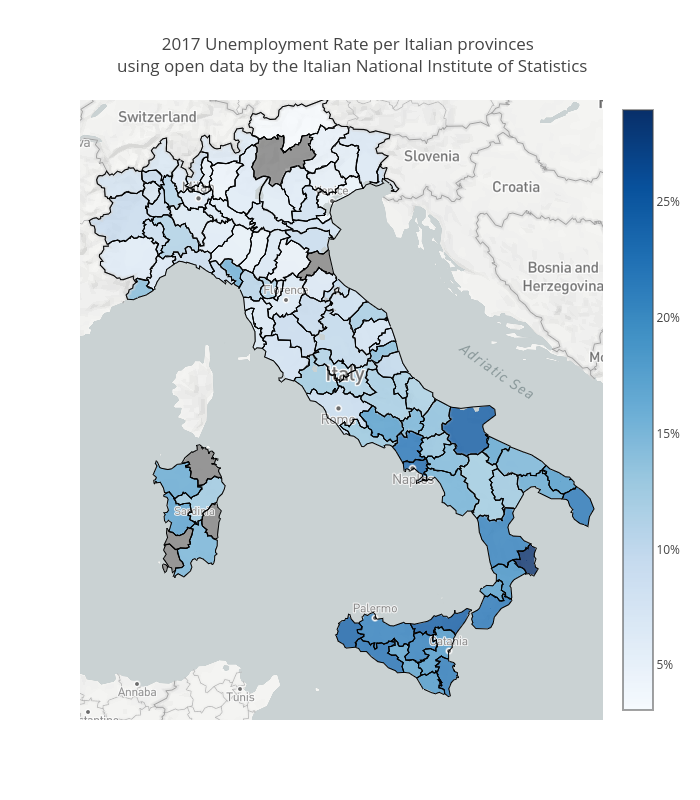 2017 Unemployment Rate per Italian provinces  using open data by the Italian National Institute of Statistics | scattermapbox made by Vincenzo.pota | plotly