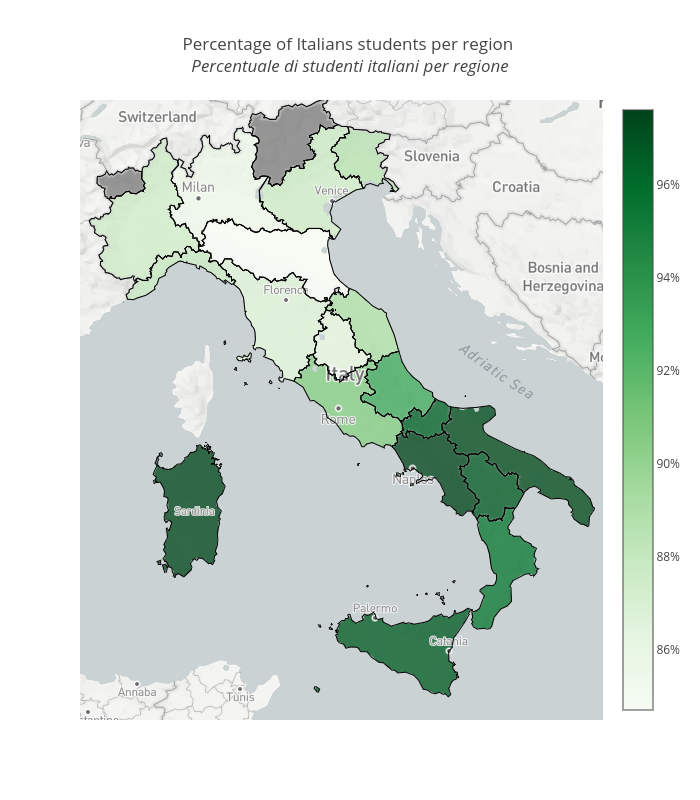 Percentage of Italians students per region  Percentuale di studenti italiani per regione  | scattermapbox made by Vincenzo.pota | plotly