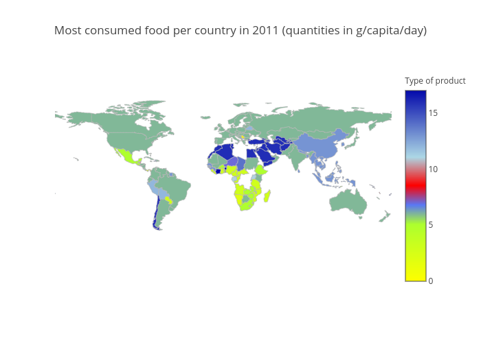 Most consumed food per country in 2011 (quantities in g/capita/day) | choropleth made by Warsaw | plotly