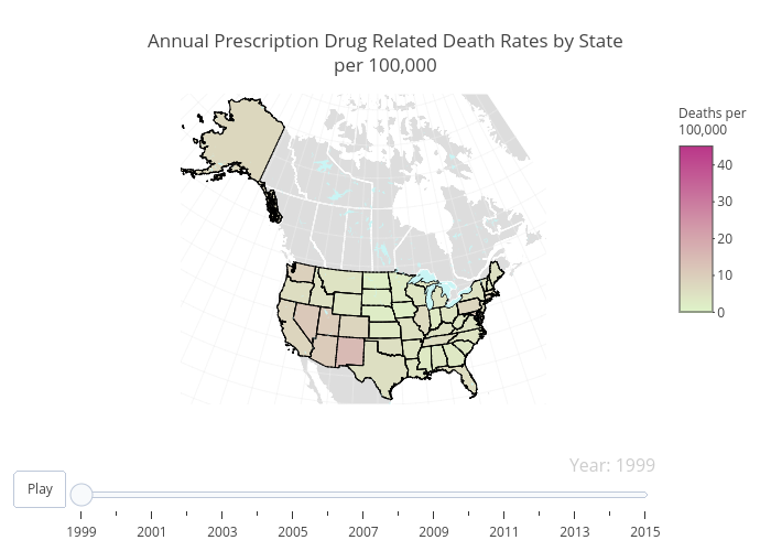 Annual Prescription Drug Related Death Rates by Stateper 100,000 | choropleth made by Zwintrob | plotly